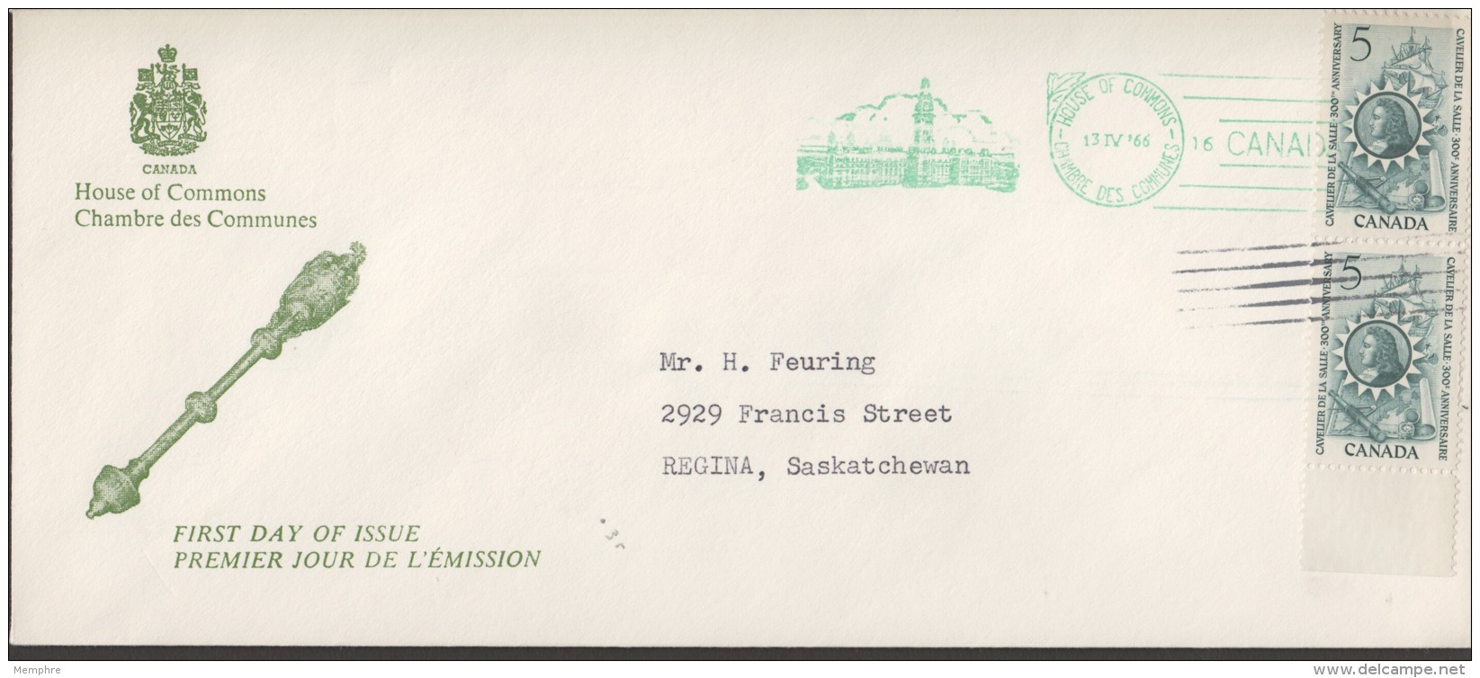 1966  De La Salle, Explorer Sc 446 Pair   House Of Commons FDC - 1961-1970