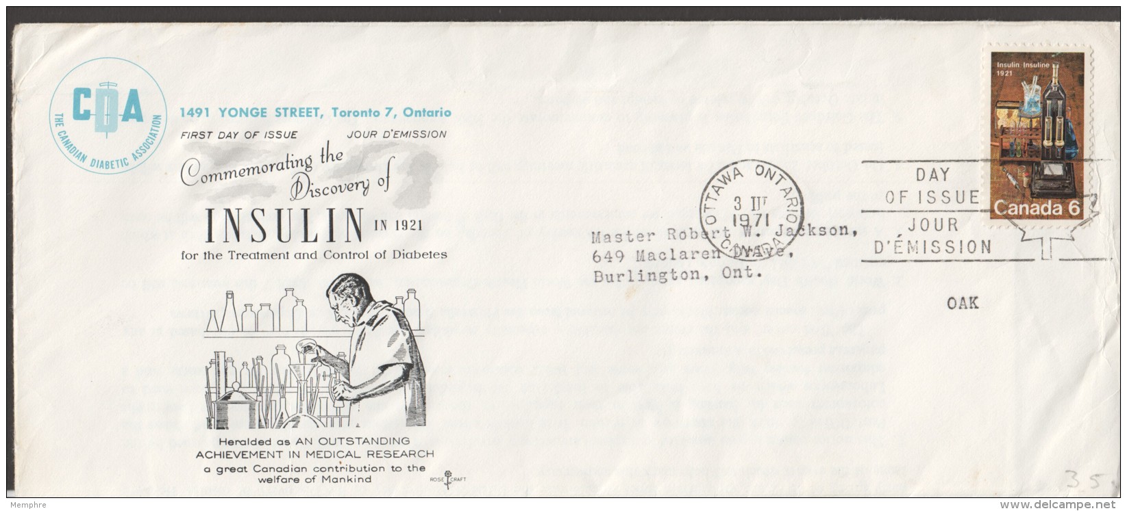 1971 Insulin Discovery  Sc 533  Canadian Diabetic Association FDC With Insert - 1971-1980