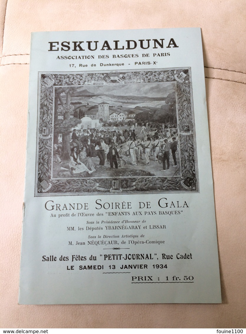 Programme ESKUALDUNA  Association Des Basques De Paris Soirée Gala 1934 Basque ( Opéra Comique Néquéçaur ) - Programmes