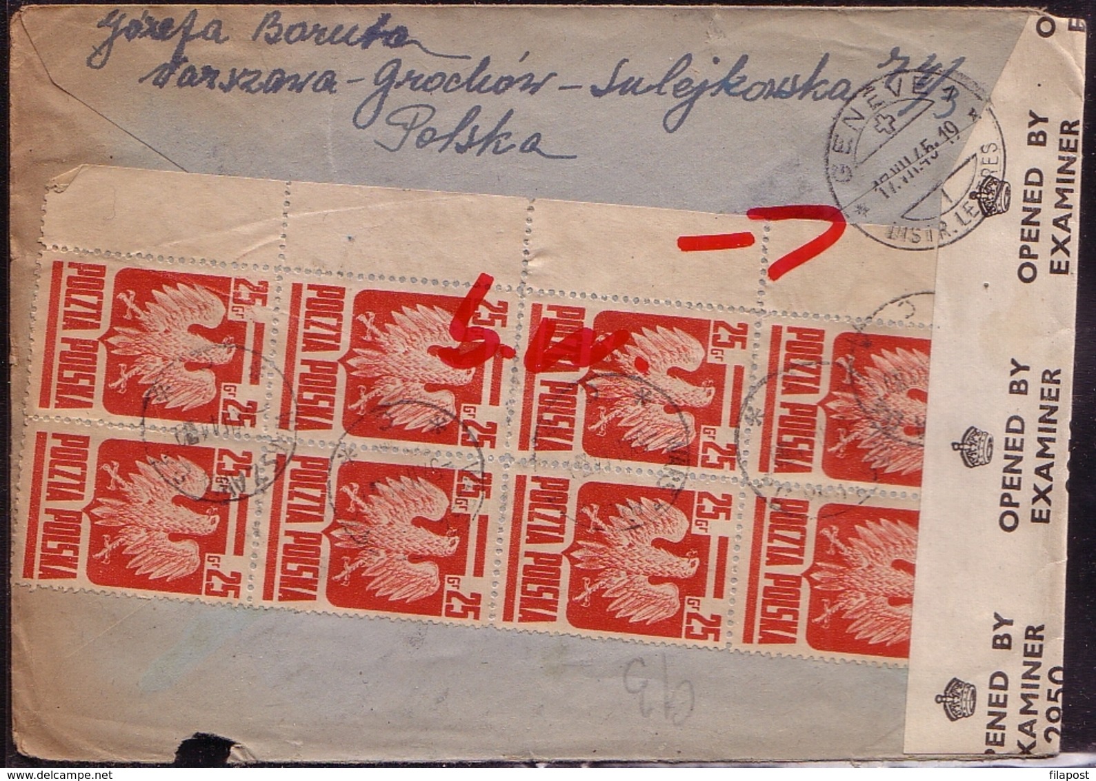 Poland 1944 Red Cross Letter From Poland To Geneva. Registered Letter Warsaw 16, Censor 5, XII. 1944, Stamps 383 - 8 V. - Vignettes De La Libération