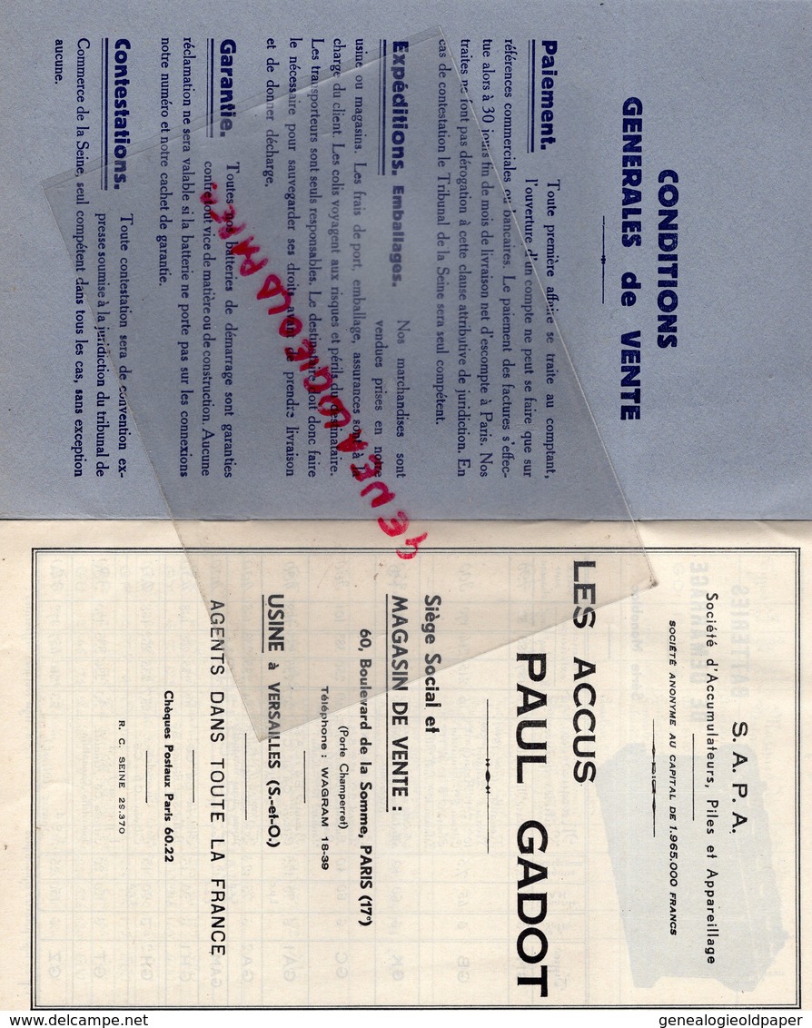 78- USINE A VERSAILLES-LES ACCUMULATEURS PAUL GADOT- BATTERIE -BATTERIES-1885-1932- TARIF N° 160 BD. SOMME PARIS- - Automovilismo