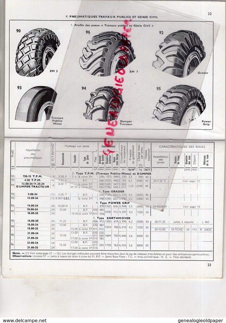 DUNLOP- CATALOGUE OCTOBRE 1959- PNEUS VALVES ROUES POUR VOITURES- POIDS LOURDS-CAMION-PARIS-MONTLUCON-LE BOURGET-MANTES