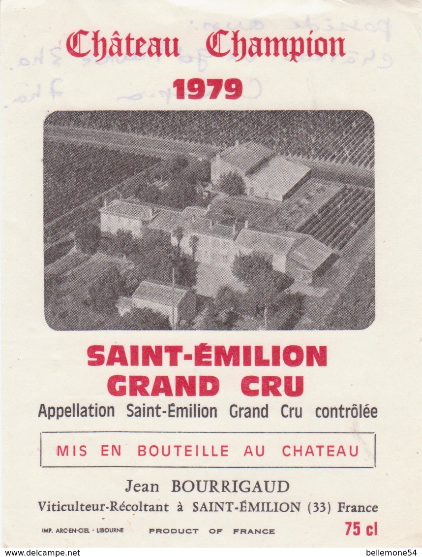 étiquette De Vin- Bordeaux- Saint émilion  - Château Champion  Grand  Cru 1979 - Bordeaux