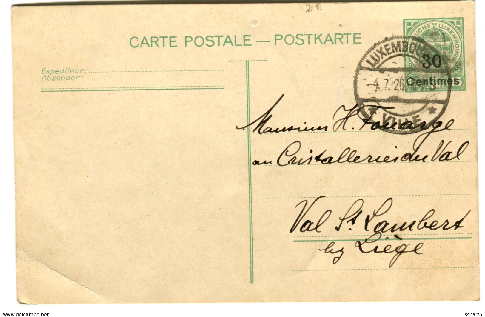 Entier Postal Surcharge 30 Centimes Sur 15 Vert 1926 - Covers & Documents