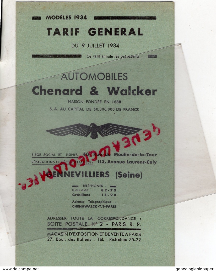 92- GENNEVILLIERS- 75- PARIS- TARIF GENERAL 9 JUILLET 1934- AUTOMOBILES CHENARD & WALCKER-CHASSIS AIGLON- AIGLE - Automobil