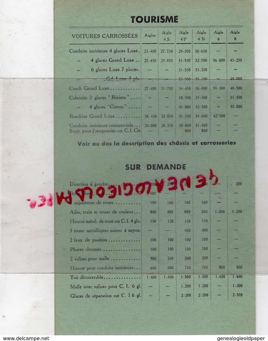 92- GENNEVILLIERS- 75- PARIS- TARIF GENERAL 9 JUILLET 1934- AUTOMOBILES CHENARD & WALCKER-CHASSIS AIGLON- AIGLE - Automobil