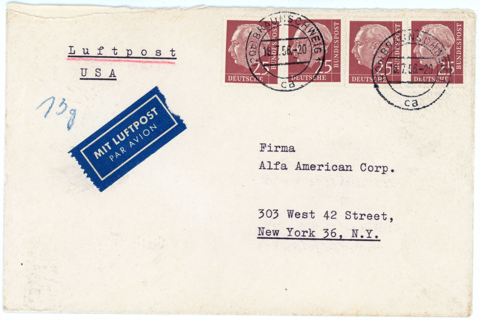 Nr. 188 MEF (4) Luftpostbrief Aus Braunschweig In Die USA - Briefe U. Dokumente