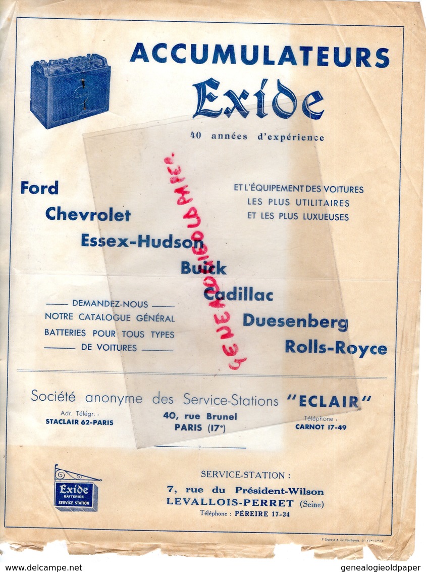 92- LEVALLOIS PERRET- PUBLICITE ACCUMULATEURS EXIDE-FORD -CHEVROLET-ESSX HUDSON-BUICK-CADILLAC-ROLLS ROYCE-DUESENBERG - Automovilismo