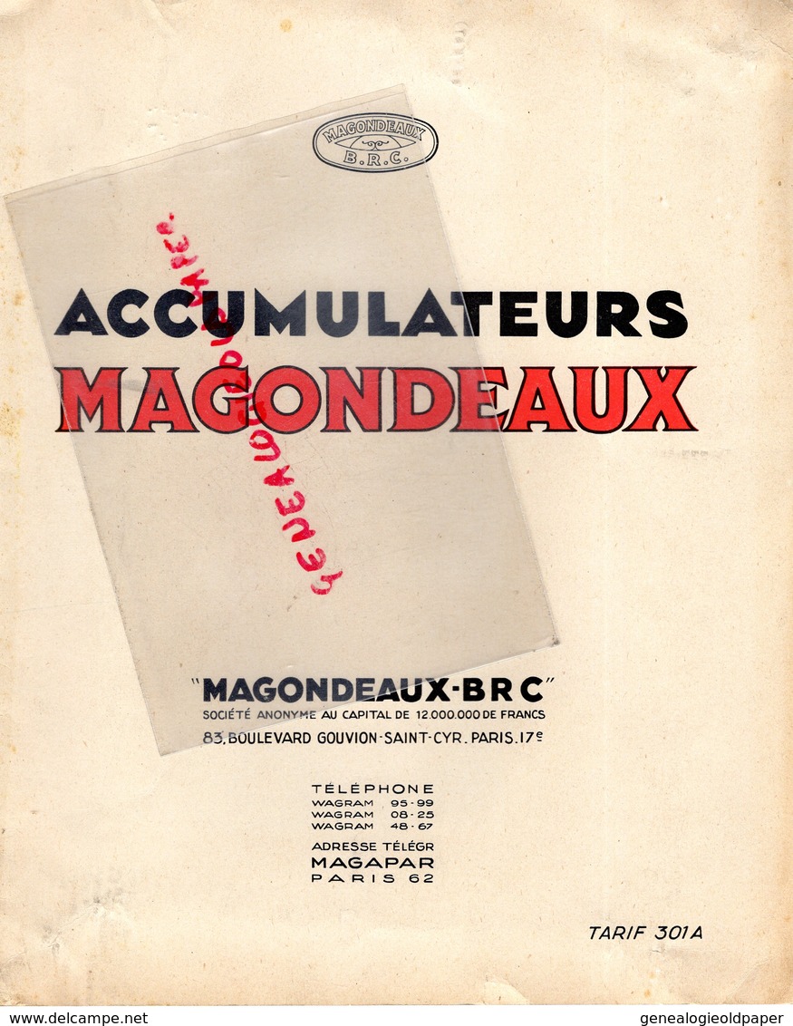 75- PARIS- RARE CATALOGUE ACCUMULATEURS MAGONDEAUX- 83 BD. GOUVION SAINT CYR-TARIF 301 A- BATTERIE - Automobil