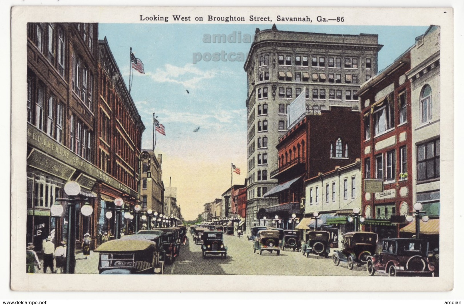 SAVANNAH Georgia GA, Broughton Street View Looking West, C1920s Vintage Unused Postcard - Savannah