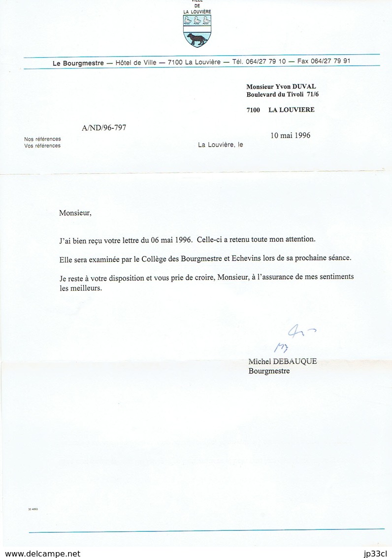 Signature Autographe De Michel Debauque, Bourgmestre De La Louvière (mai 1996) + Enveloppe Officielle De La Ville - Sonstige & Ohne Zuordnung