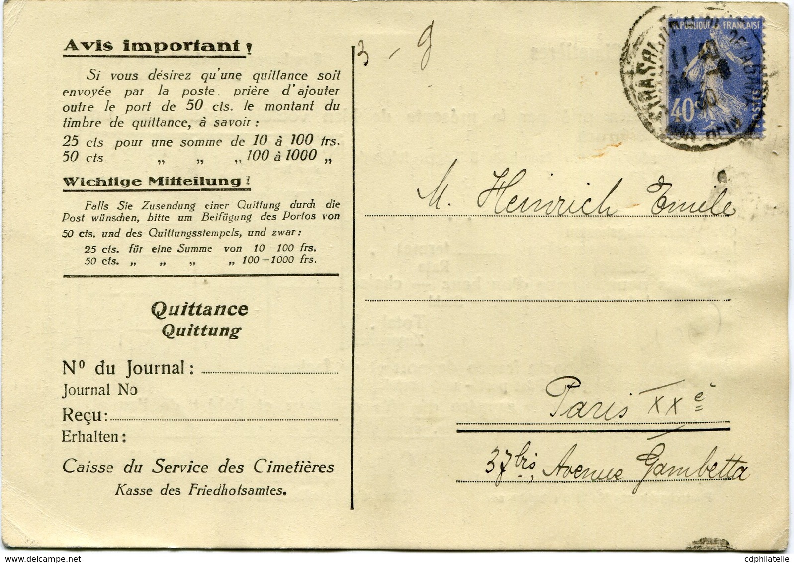 FRANCE CARTE SERVICE DES CIMETIERES (ENTRETIEN TOMBE) AVEC RECEPISSE DU MANDAT DEPART STRASBOURG 24-9-30 POUR LA FRANCE - 1906-38 Semeuse Camée