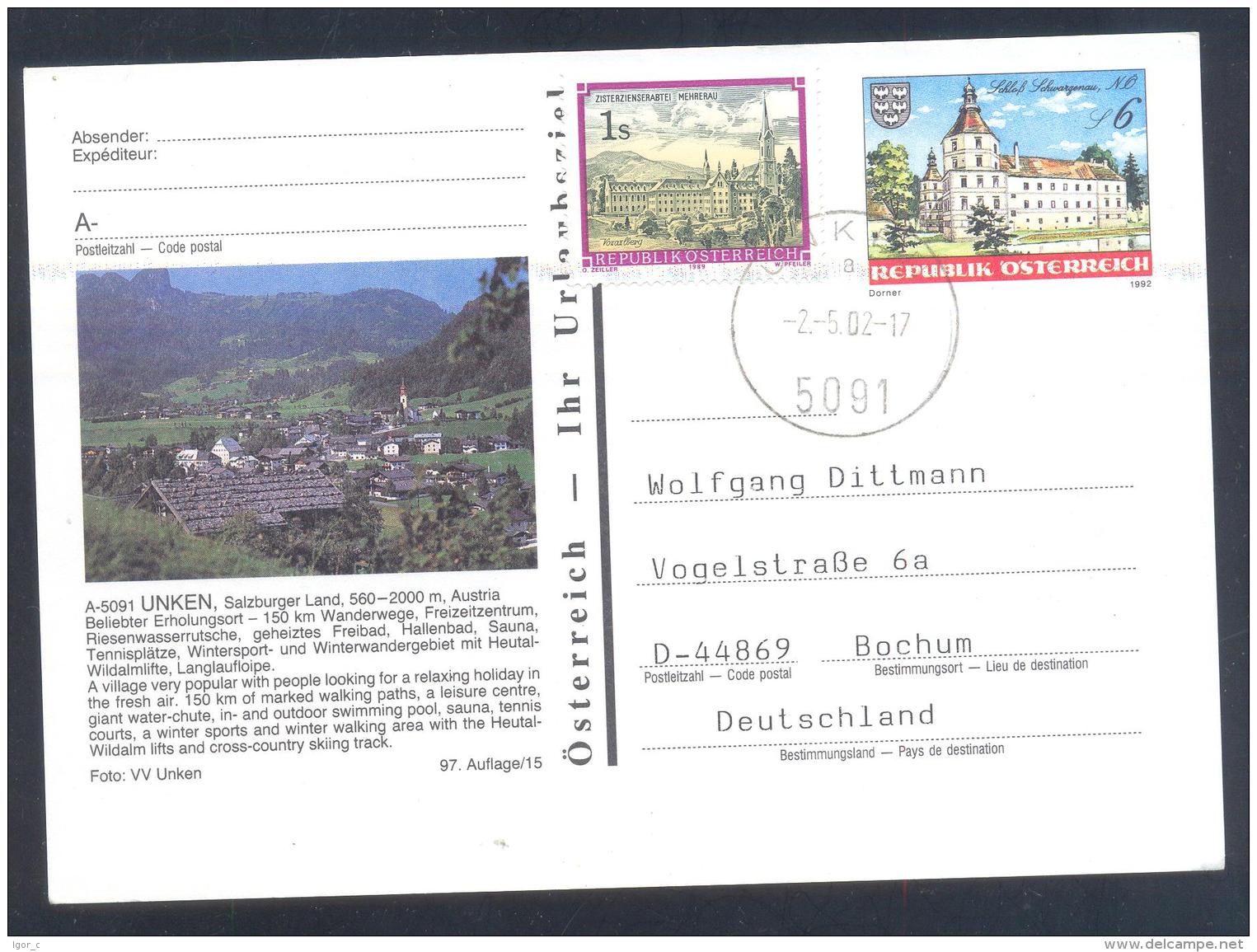 Austria PS  Postal Stationery 1988: Architecture Castle Church Monastery; Stift Kirche Schloss Schwarzenau: UNKEN; Mount - Sonstige & Ohne Zuordnung