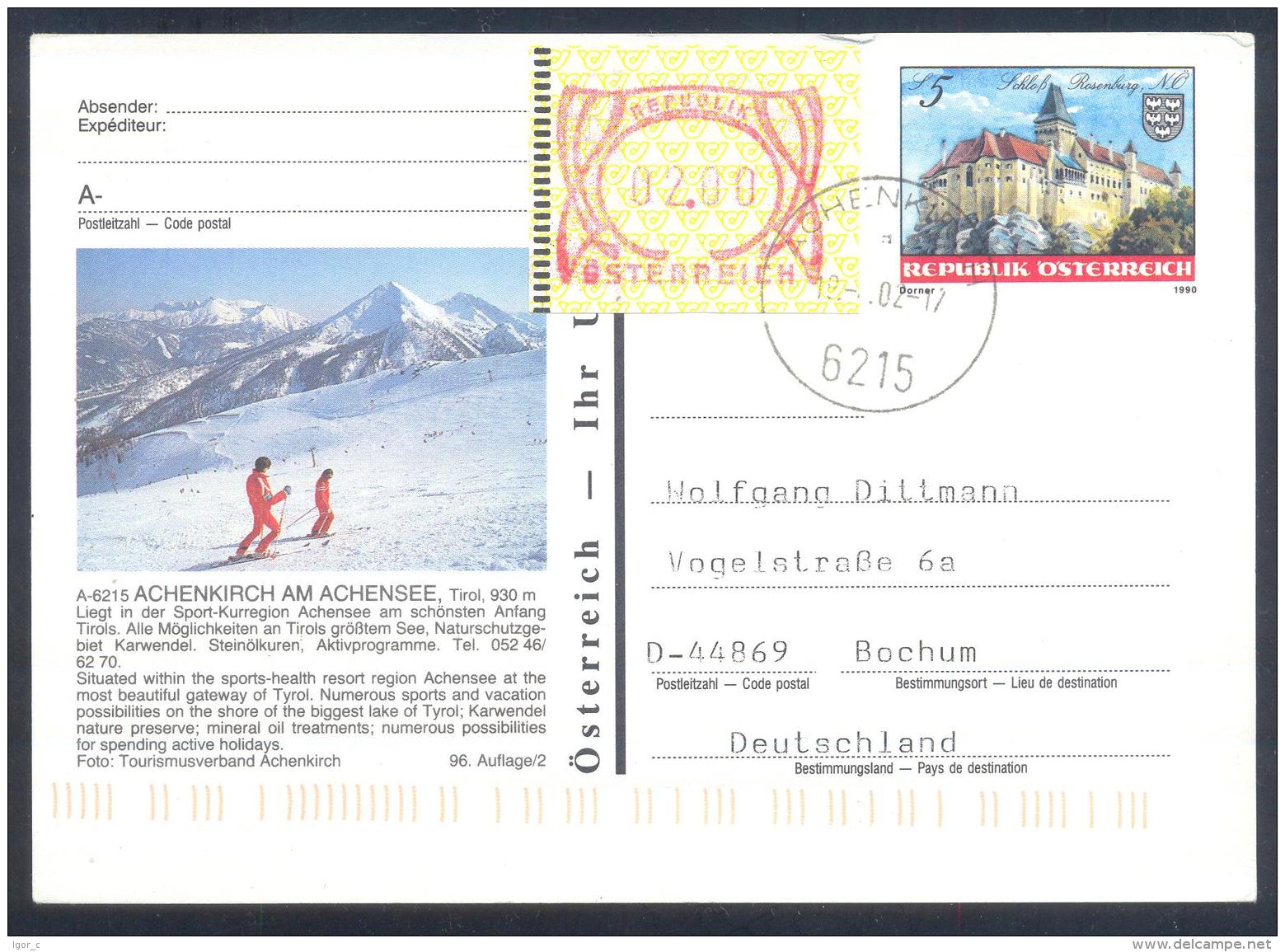 Austria PS  Postal Stationery 2002: Architecture Castle Rosenburg: ACHENKIRCH; Mountains Berge; Frama Label 2,00, Touris - Other & Unclassified