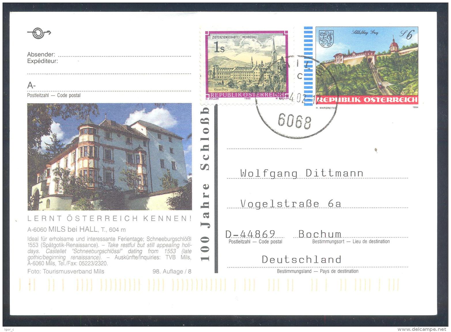 Austria Postal Stationery 2002: Architecture Castle Church Monastery; Stift Kirche Schloss Graz: MILS Bei HALL; Tourism - Sonstige & Ohne Zuordnung