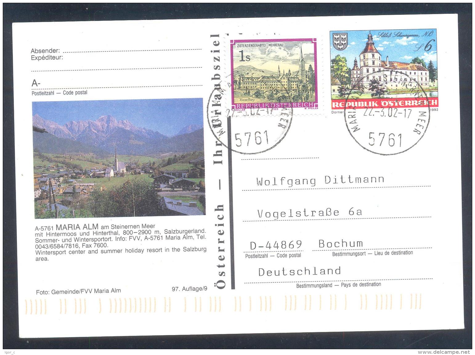 Austria Postal Stationery 2002 Architecture Castle Church Monastery; Schloss Schwarzenau: MARIA ALM; Mountains Berge - Other & Unclassified