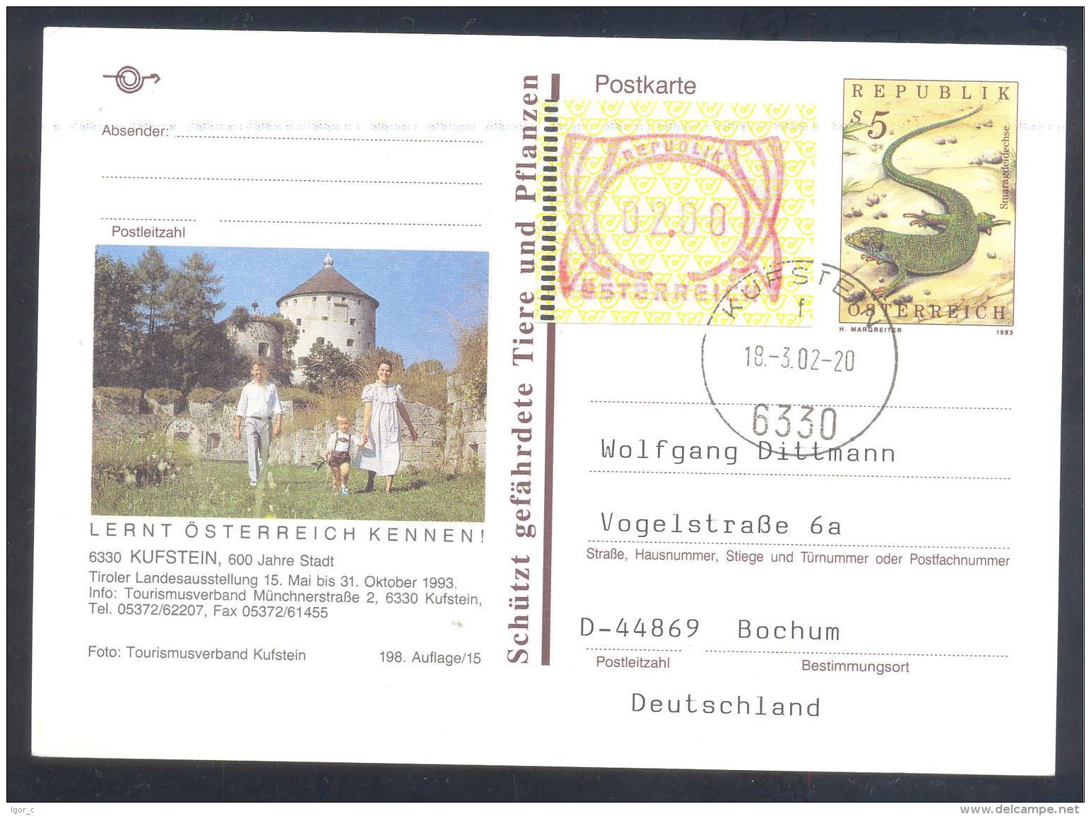 Austria Postal Stationery 2002: Fauna Smaragdeidechse; KUFSTEIN Architecture Castle; Frama Label 2,00 - Sonstige & Ohne Zuordnung
