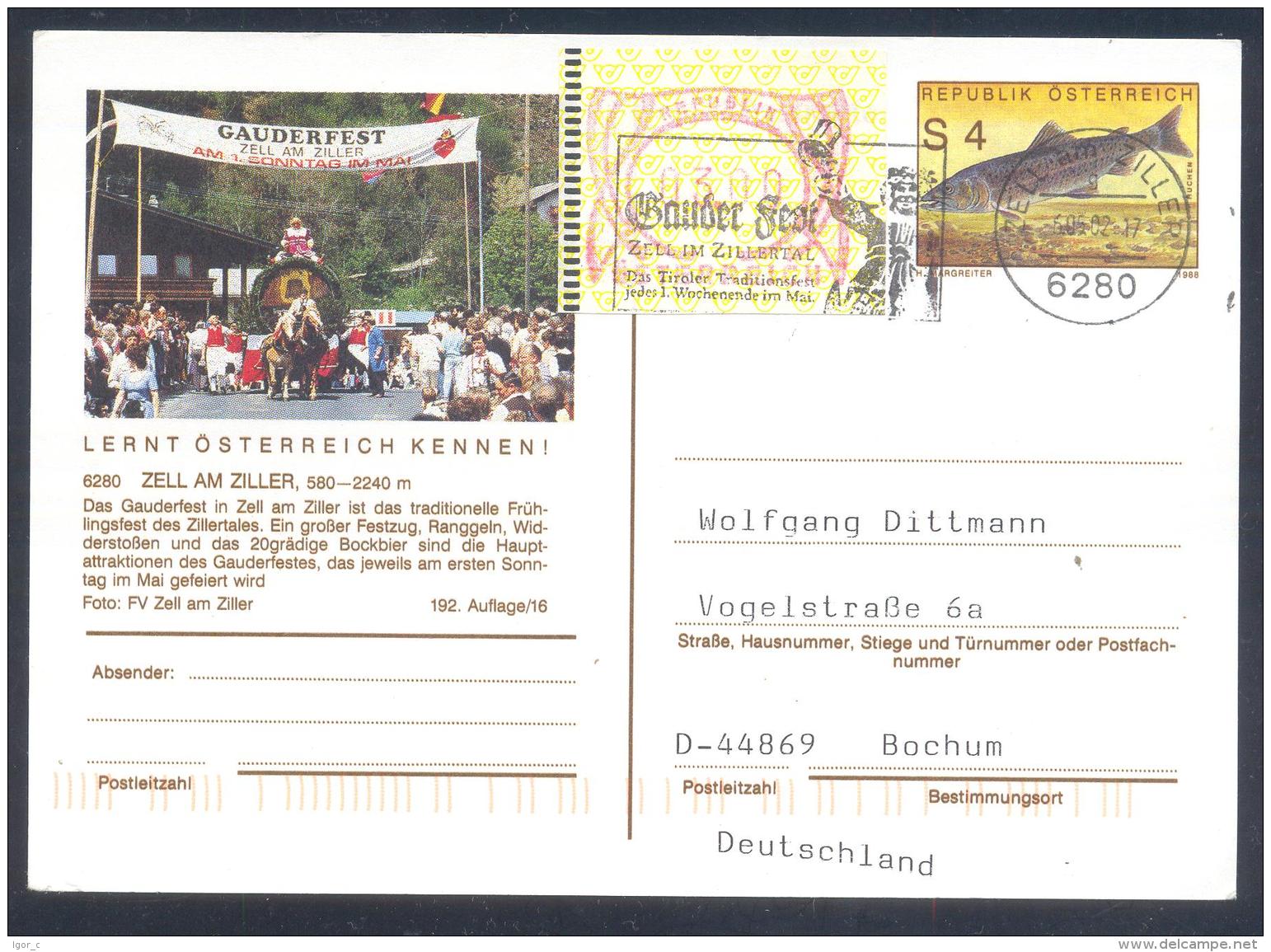 Austria Postal Stationery 2002: Fauna Fish Huchen; ZELL AM ZILLER Carnival, Gauderfest Slogan Cancellation Frama Label 3 - Sonstige & Ohne Zuordnung