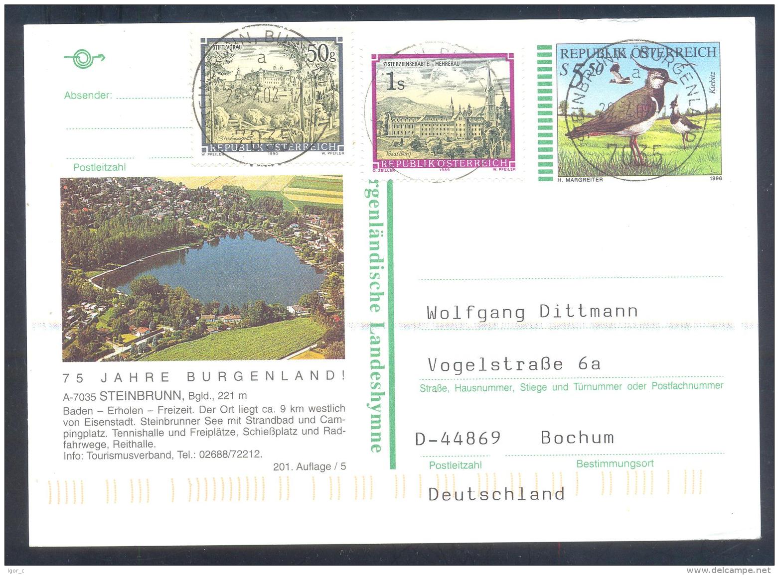 Austria Postal Stationery 2002: Fauna Bird Vogel Kiebitz; Steinbrunn Baden Church; Monastery: Tourism Lake - Sonstige & Ohne Zuordnung