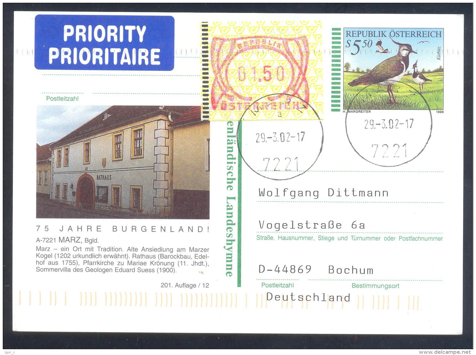 Austria Priority Postal Stationery 2002: Fauna Bird Vogel Kiebitz; MARZ Rathaus; Tourism Architecture Frama 1,50 - Otros & Sin Clasificación