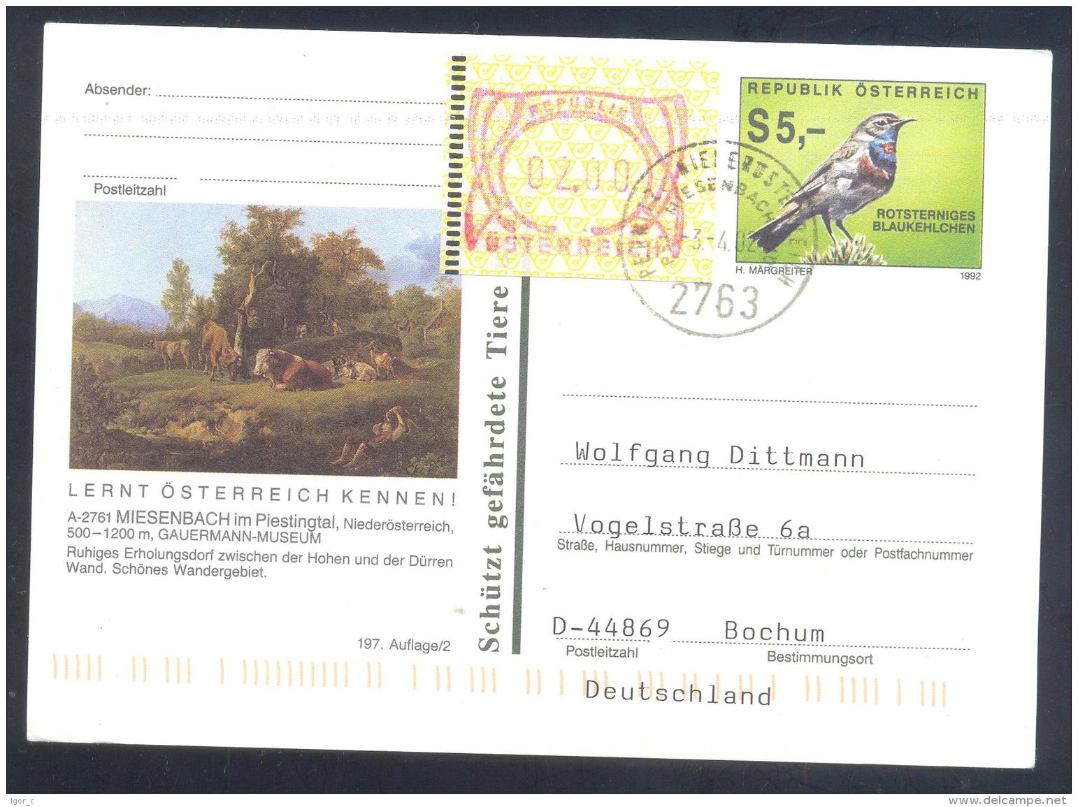 Austria Postal Stationery 2002: Fauna Bird Vogel Blaukelchen; MIESENBACH; Tourism Frama 2,00; Paintings Cows Trees - Sonstige & Ohne Zuordnung