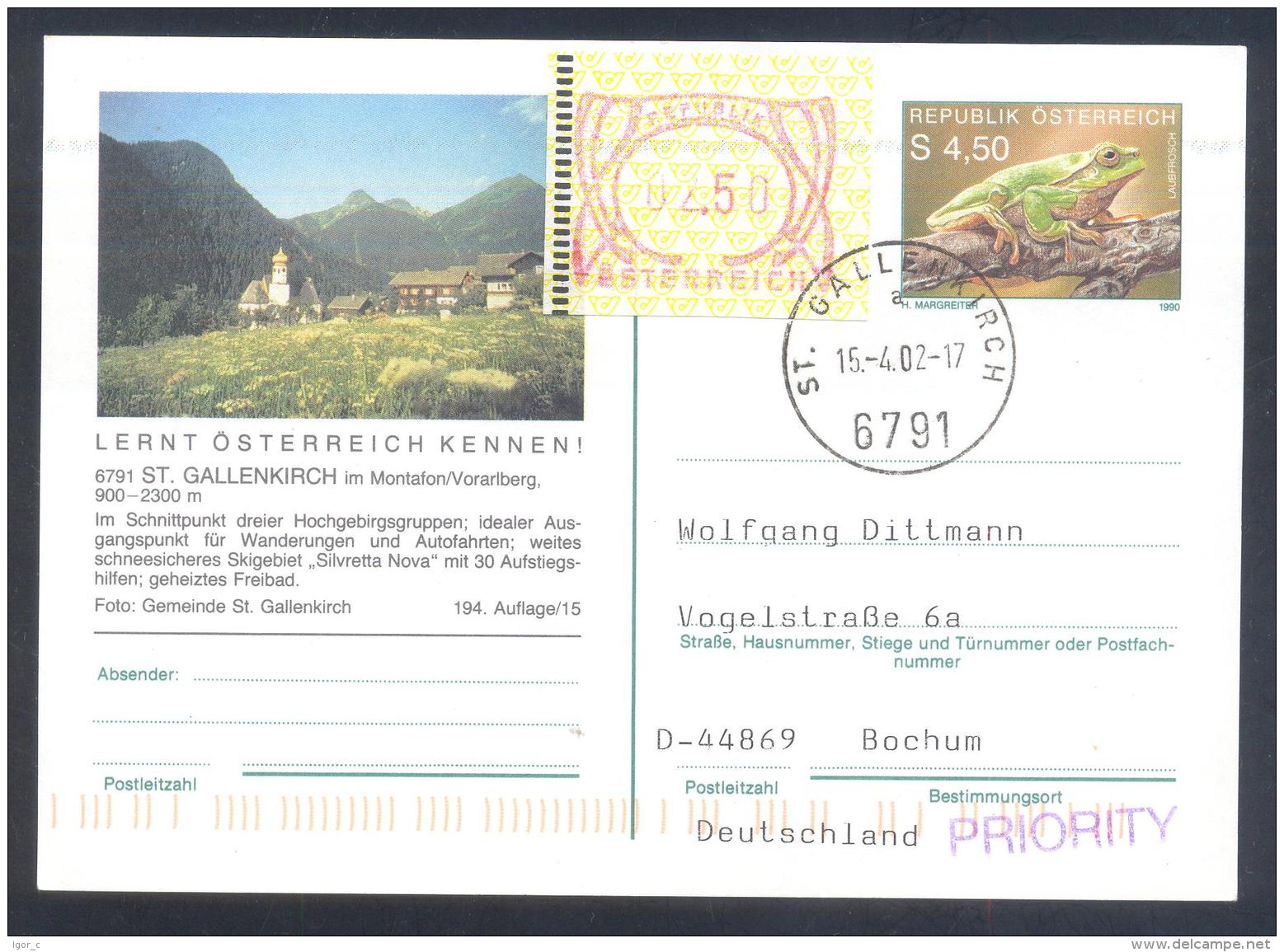 Austria Postal Stationery 2002: Fauna Frog Laubfrosch; ST: GALLENKIRCH Tourism Church Kirche Frama 2,50 - Other & Unclassified