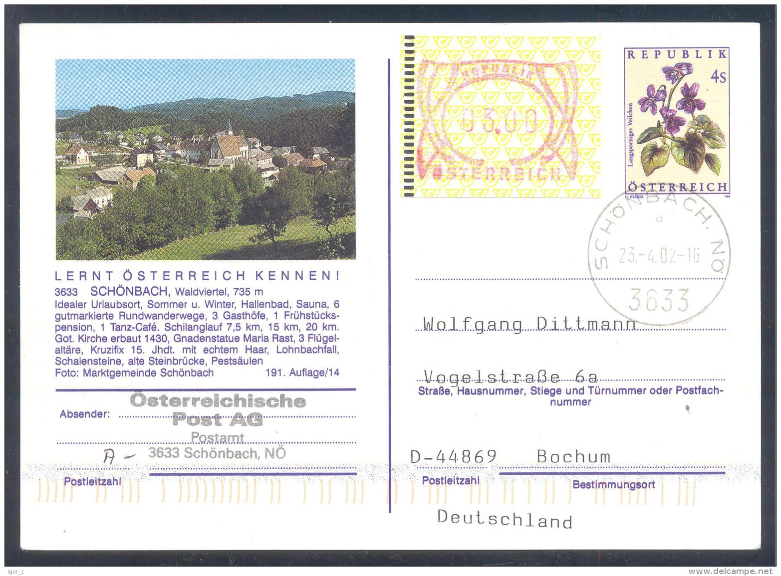 Austria Postal Stationery 2002: Flora Flowers Veilchen; SCHONBACH Tourism Church Kirche Frama 3,00 - Sonstige & Ohne Zuordnung