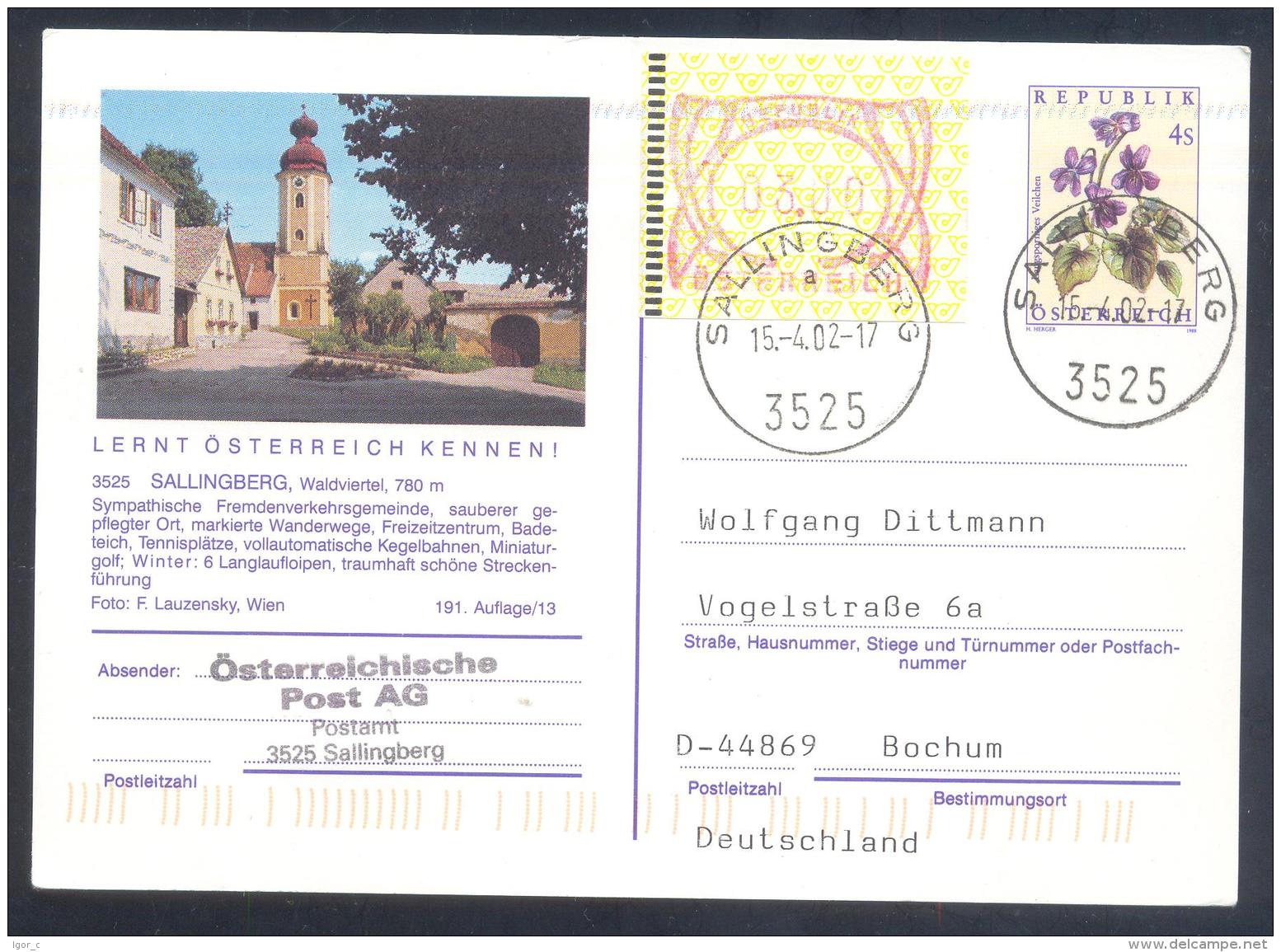 Austria Postal Stationery 2002: Flora Flowers Veilchen; SALLINGBERG Tourism Church Kirche Frama 3,00 - Sonstige & Ohne Zuordnung