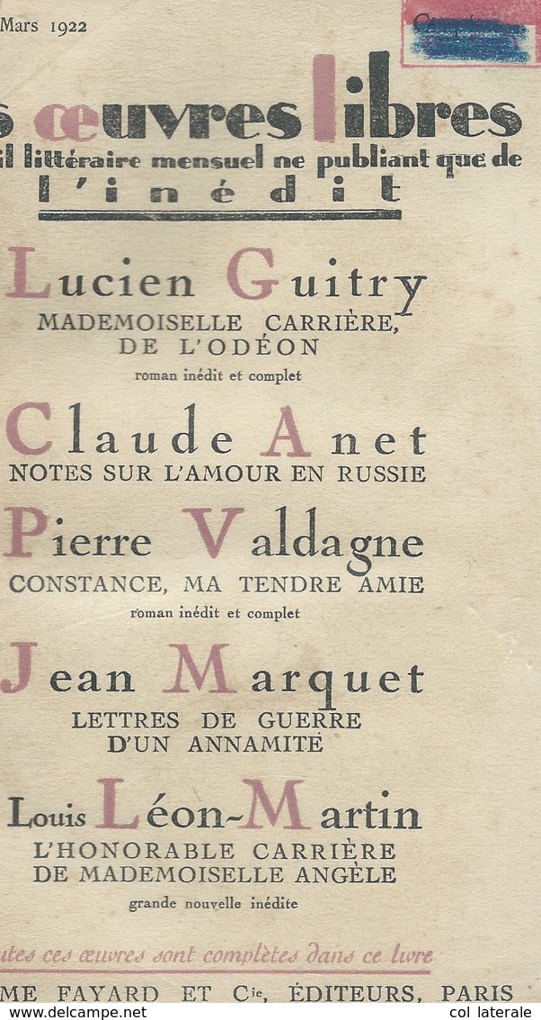 Indochine Vietnam Lettres De Guerre D'un Annamite (22 Pages) Bien Fayard Oeuvres Libres N° 9 1922 382 Pages - Histoire