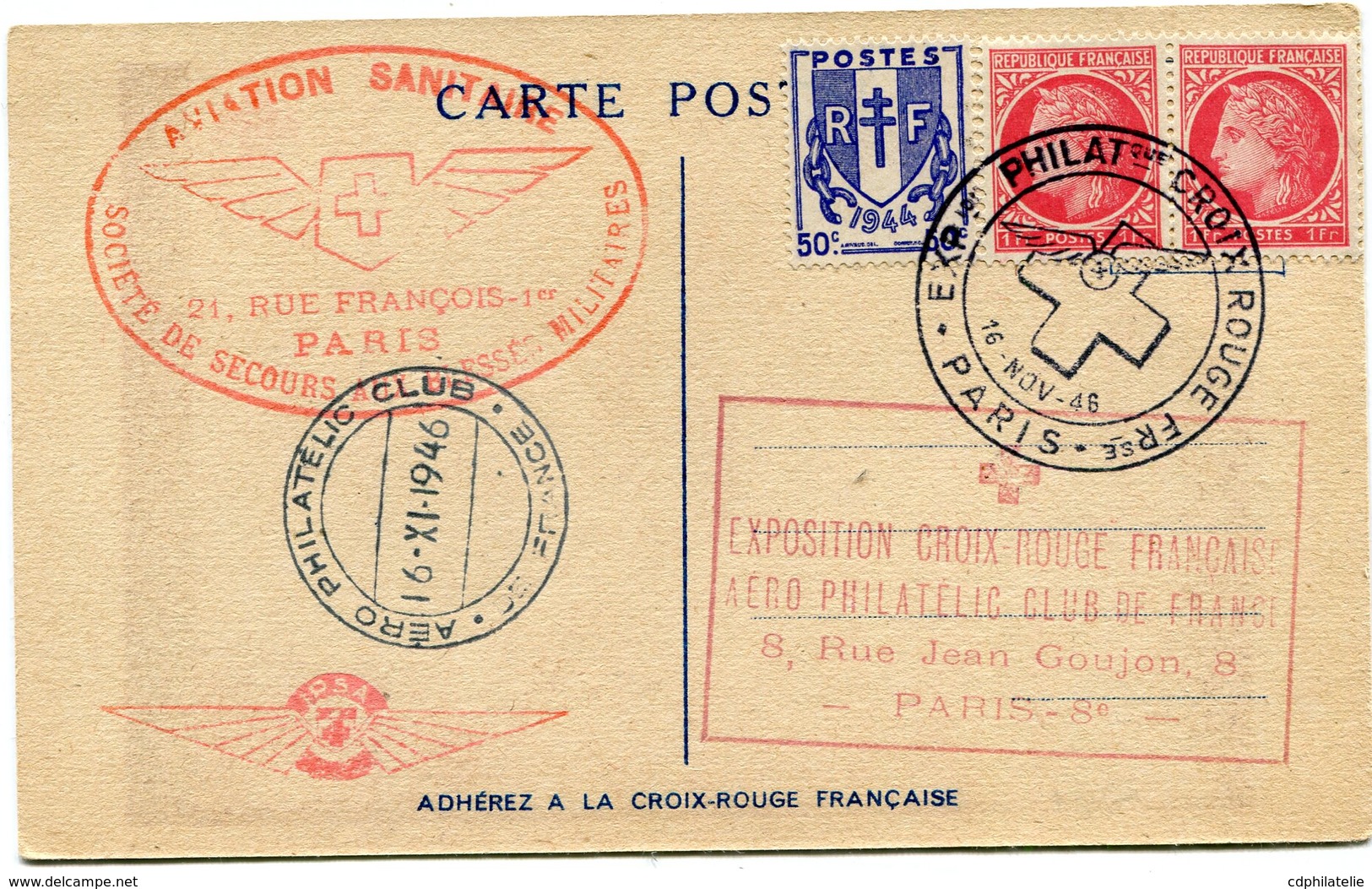 FRANCE CARTE POSTALE AVEC CACHET ROUGE AVIATION SANITAIRE SOCIETE....MILITAIRES AVEC OBL. EXPion PHILATque CROIX ROUGE.. - Croix-Rouge