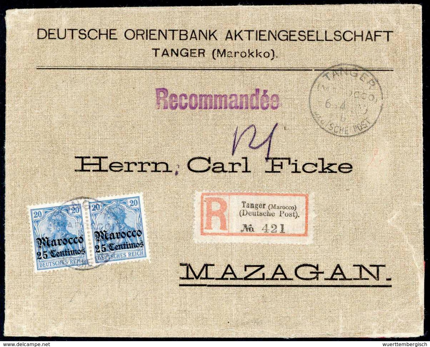 Beleg 25 C. Hellblau, Farbfrisches Waagr. Paar Mit Zentr. Stempel TANGER MAROCCO "b" 6/4 09 Auf Dekorativem Inlands-Eins - Autres & Non Classés