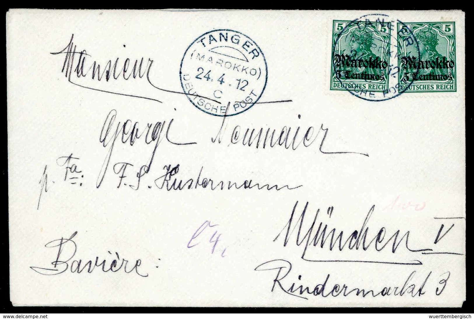 Beleg TANGER MAROKKO "c" 24/4 12, Ideal Auf Tadellosem Bedarfsbrief Zweimal 5 C. Nach München. (Michel: 47(2)) - Other & Unclassified