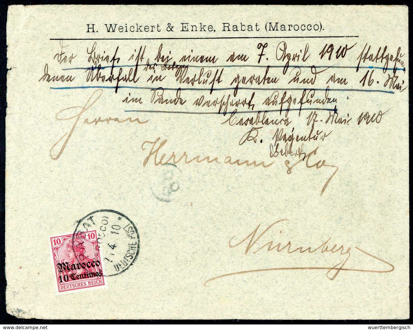 Beleg 1910, Postüberfall Rabat-Casablanca: 10 C., Einzelfrankatur Auf Grünem Firmenkuvert Nach Nürnberg Adressiert, Klar - Sonstige & Ohne Zuordnung