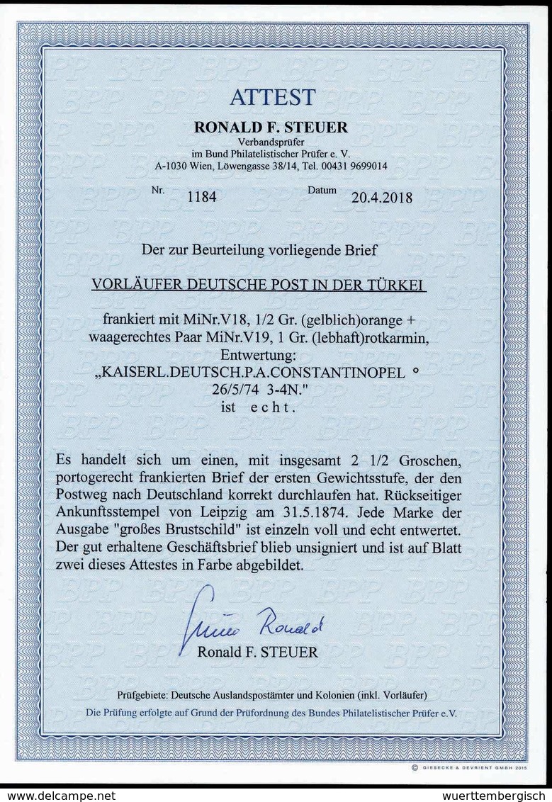 Beleg ½ Gr. Hellgelborange, Seltene Farbe Mit Waagr. Paar 1 Gr. Karminrosa Mit Sauber Aufges. Stempeln KDPA CONSTANTINOP - Otros & Sin Clasificación