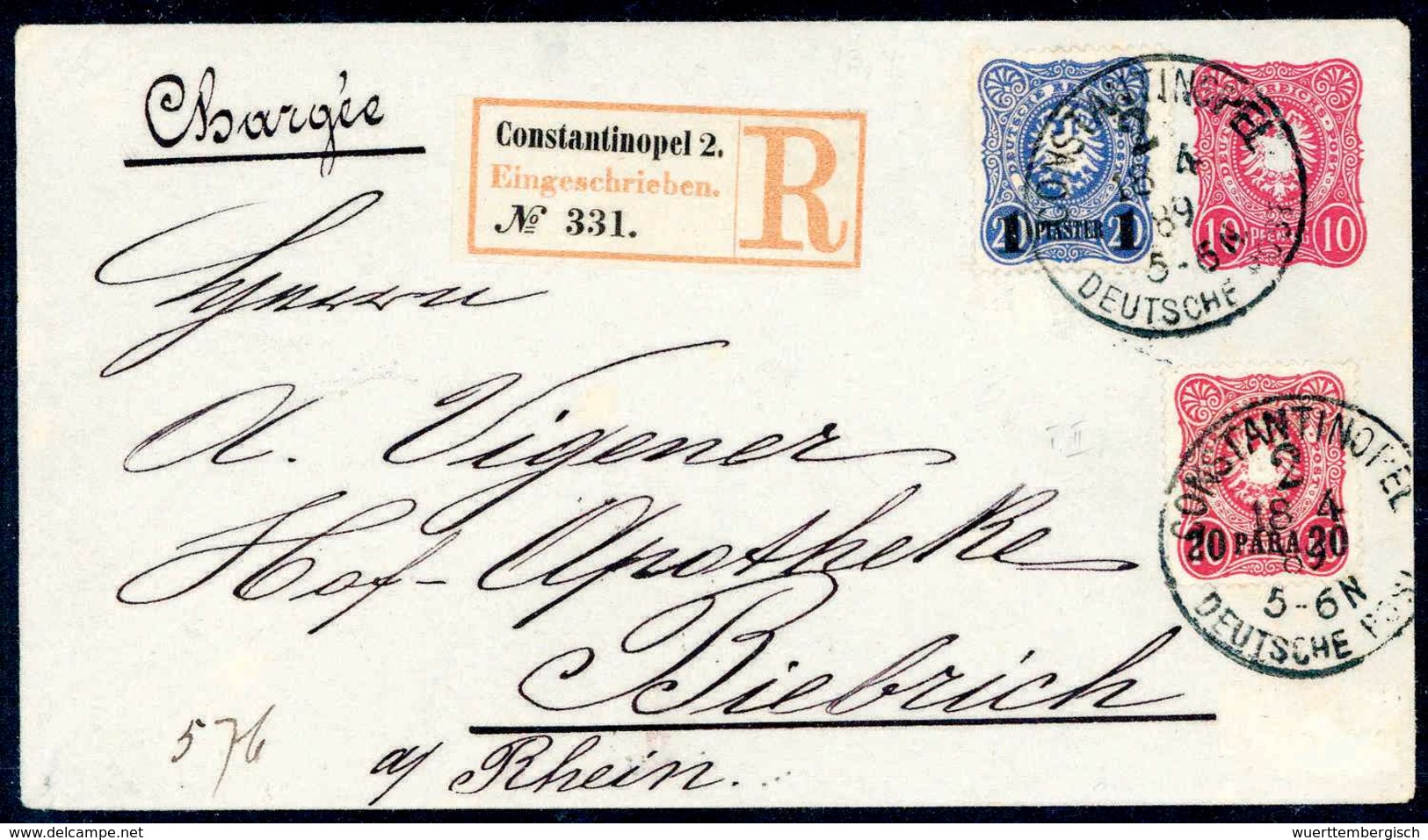 Beleg Ganzsachenumschlag 10 Pfg. Karmin Mit Zusatzfrankatur Aufdruck-Ausgabe 1884, 20 P. Dunkelrosarot Und 1 Pia. Ultram - Autres & Non Classés