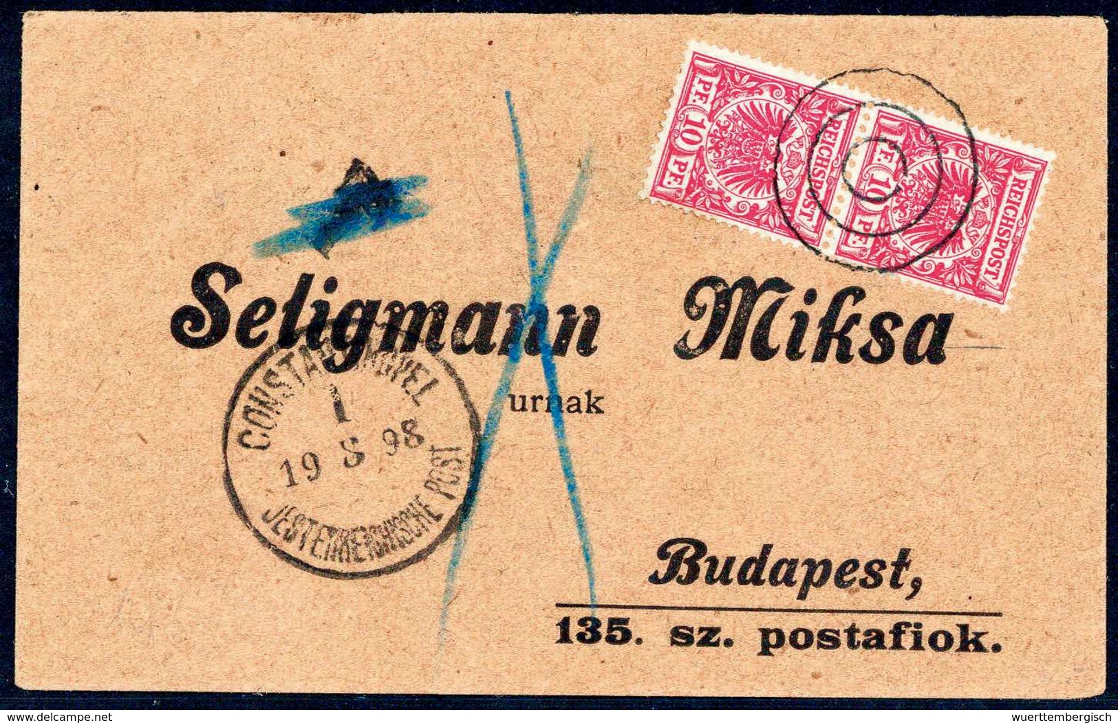 Beleg 10 Pfg., Tadelloses Senkr. Paar, Entwertet Mit Stummem Dreiringstempel Und Beiges. K1 CONSTANTINOPEL 1. 19/8 98 De - Sonstige & Ohne Zuordnung