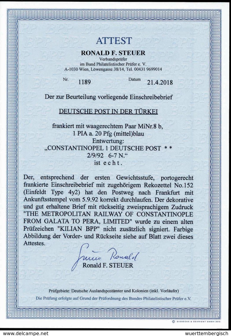 Beleg 1 Pia., Tadelloses Waagr. Paar Auf Schönem Einschreibebrief Nach Frankfurt/M., Idealer Stempel CONSTANTINOPEL 1. 2 - Other & Unclassified