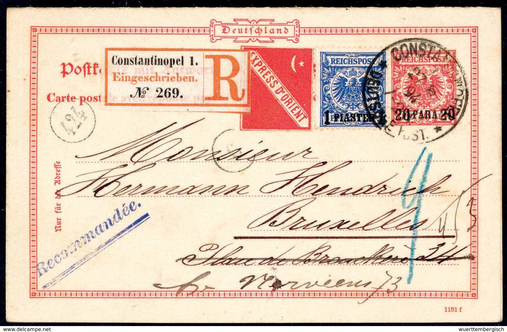 Beleg Orient-Express: 1 Pia., Zusatzfrankatur Auf Ganzsachen-Doppelkarte 20/20 P., Eingeschrieben Nach Brüssel (Antwortt - Autres & Non Classés