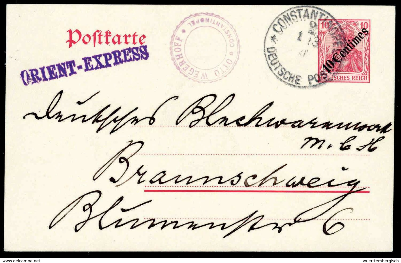 Beleg ORIENT-EXPRESS, Violetter L1 Als Nebenstempel Klar Auf Tadelloser Bedarfskarte 10 C. Mit Stempel CONSTANTINOPEL 2. - Other & Unclassified