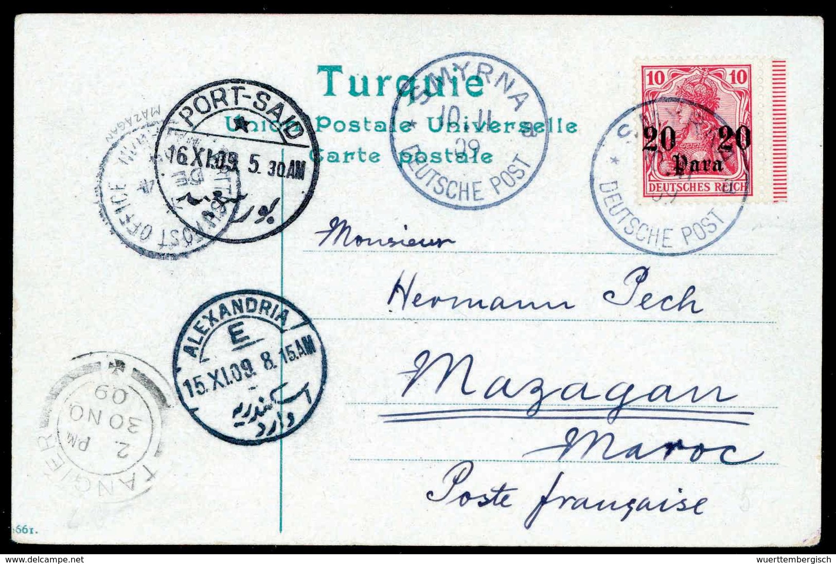 Beleg 20 P., Tadellose Postkarte Mit Stempel SMYRNA 10/11 09 Nach Mazagan/Marokko (Franz.Post) Adressiert, Zahlr. Durchg - Other & Unclassified