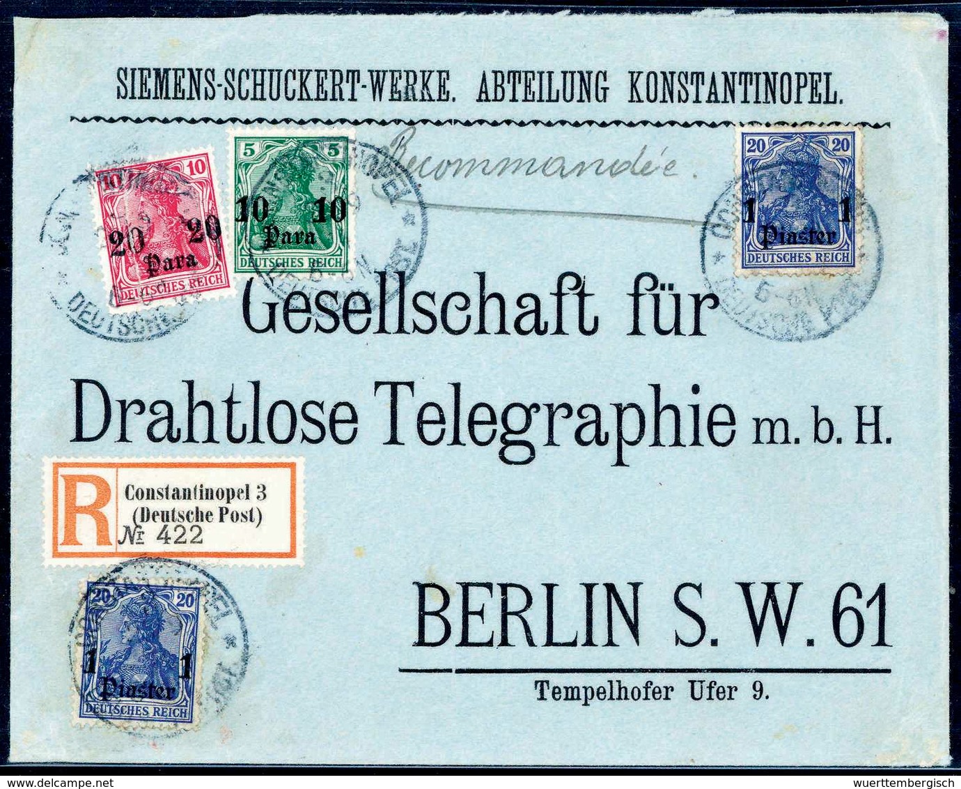 Beleg CONSTANTINOPEL 3. 28/9 14, Auf Vordruck-Einschreibebrief 10 Und 20 P. Nebst Zweimal 1 Pia. (etwas Gummifleckig) Vo - Other & Unclassified