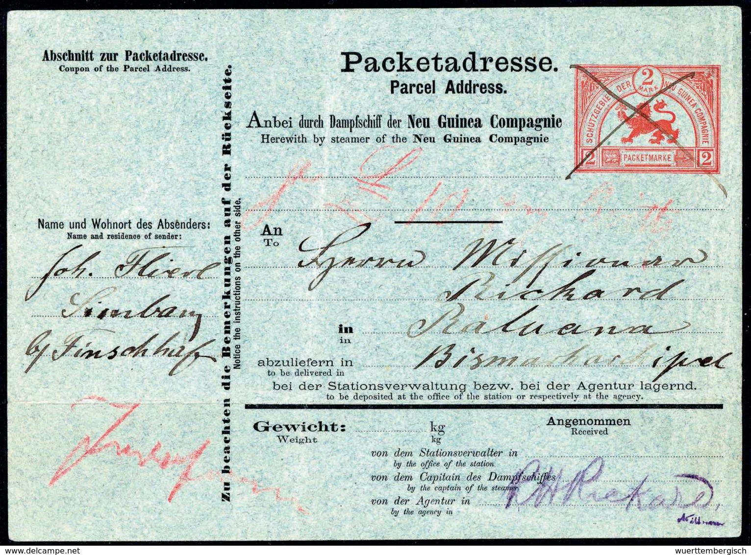 Beleg 1888, Vorläufer-Paketkarte Der Neu-Guinea-Compagnie 2 Mk. Rot, Regulär Gebrauchtes Bedarfsstück Aus Simbang/Finsch - Sonstige & Ohne Zuordnung