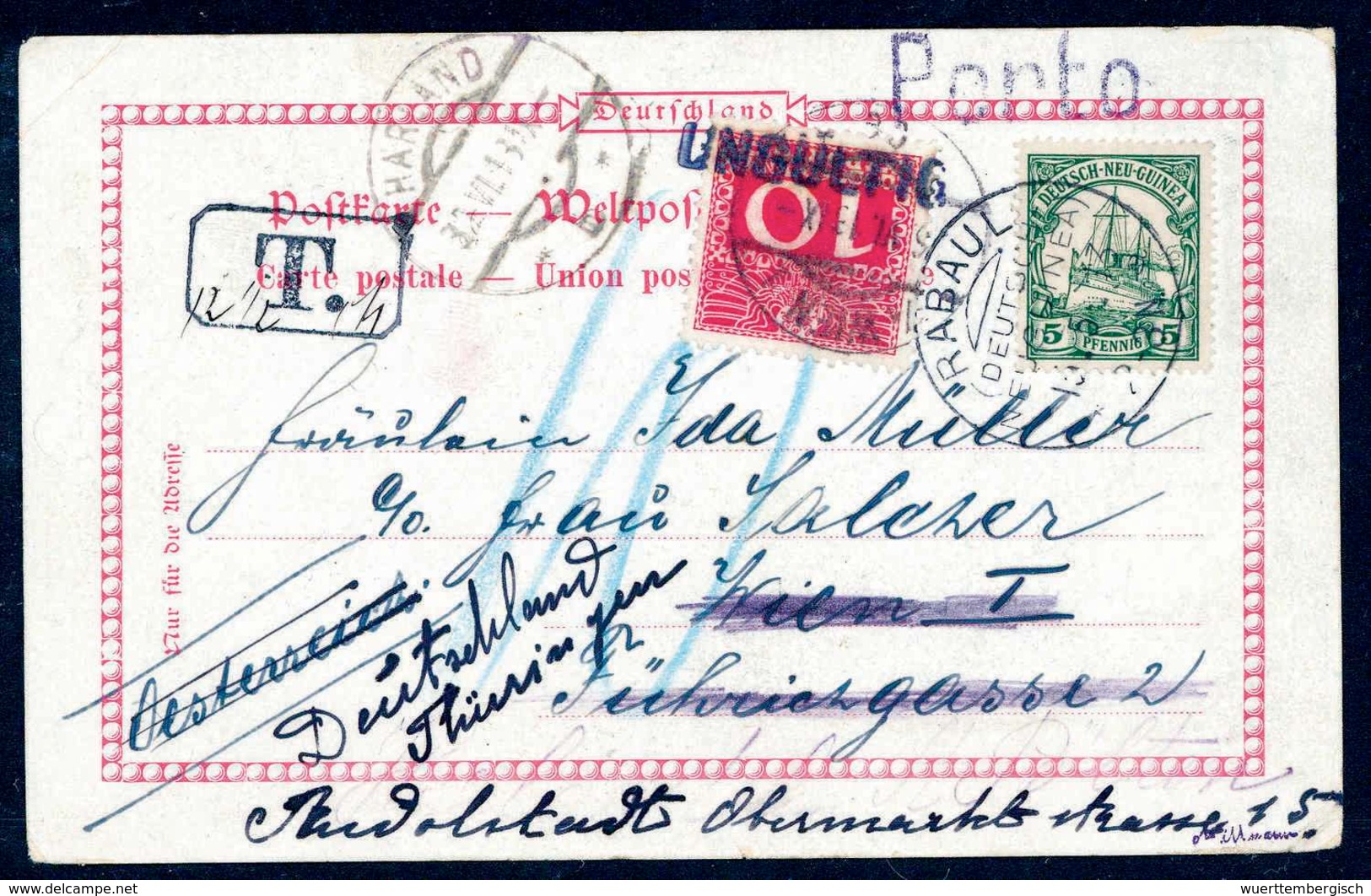 Beleg 5 Pfg., Tadellose Bedarfskarte Nach Wien Mit Klarem Stempel RABAUL 13/5 13. In Österreich Mit Portomarke 10 H. Nac - Other & Unclassified