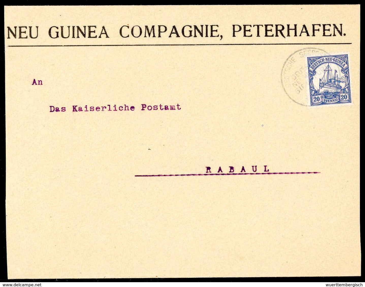 Beleg 20 Pfg., Bedarfs-Firmenkuvert An Das Kaiserliche Postamt In Rabaul, Seltene Entwertung Durch Stempel DEUTSCHE SEEP - Other & Unclassified