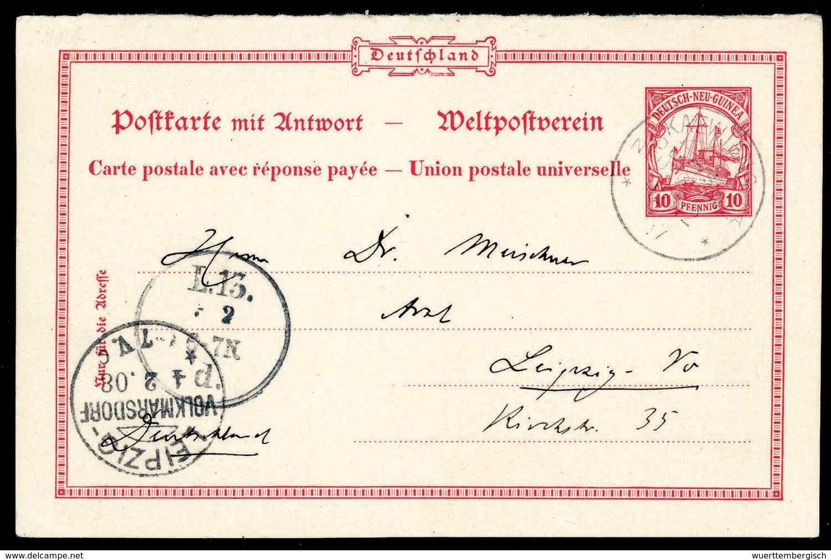 Beleg 10/10 Pfg., Getrennte Doppelkarte, Hinweg Mit Stempel KAEWIENG 12/12 07, Das Antwortteil Mit Stempel LEIPZIG 4/2 0 - Sonstige & Ohne Zuordnung