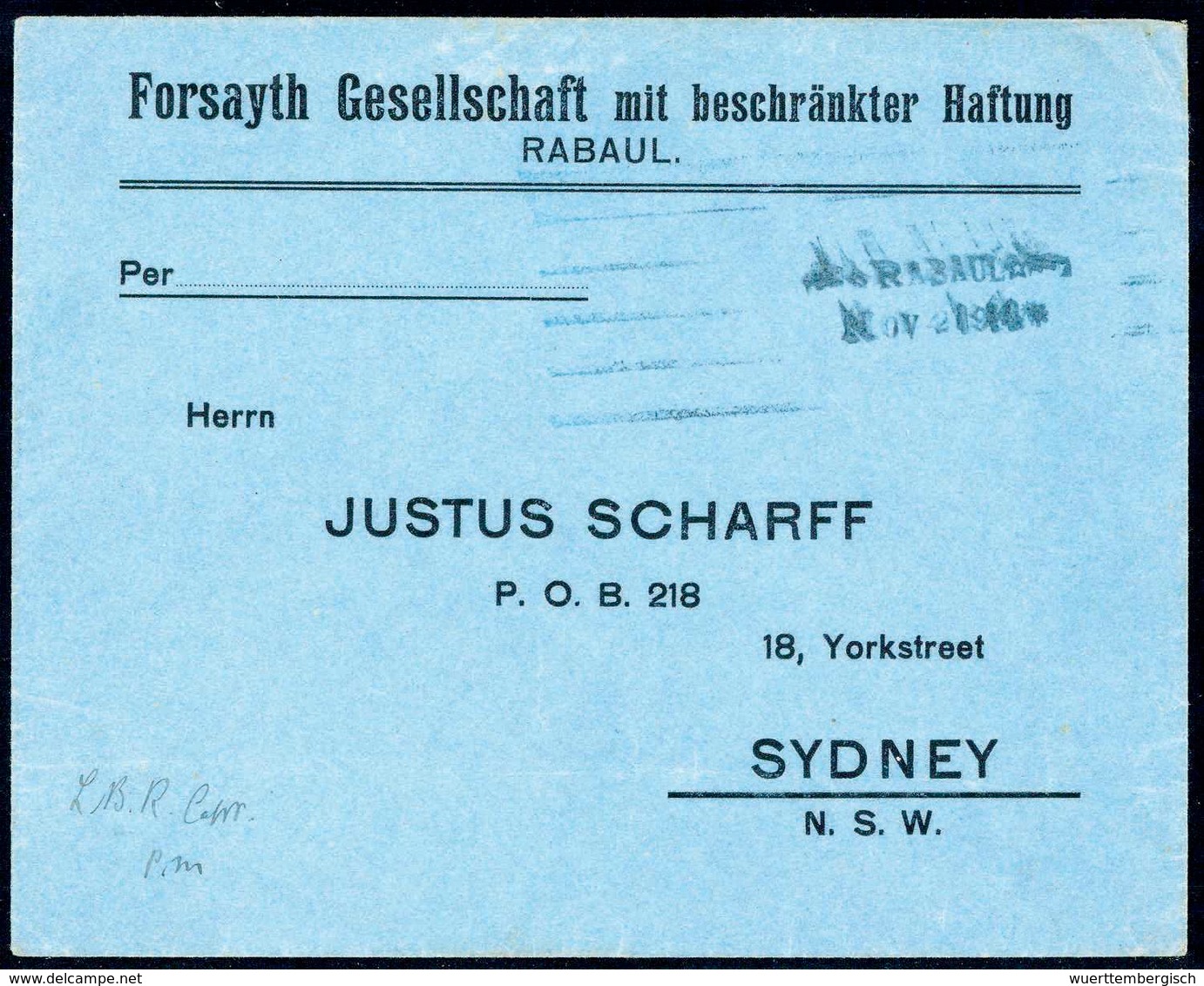 Beleg RABAUL NOV 2 1914 *, L2 (li. Ohne Stern), Klar Auf Schönem Blauem Vordruckbrief Als Feldpost Nach Sydney. Li. Unte - Sonstige & Ohne Zuordnung