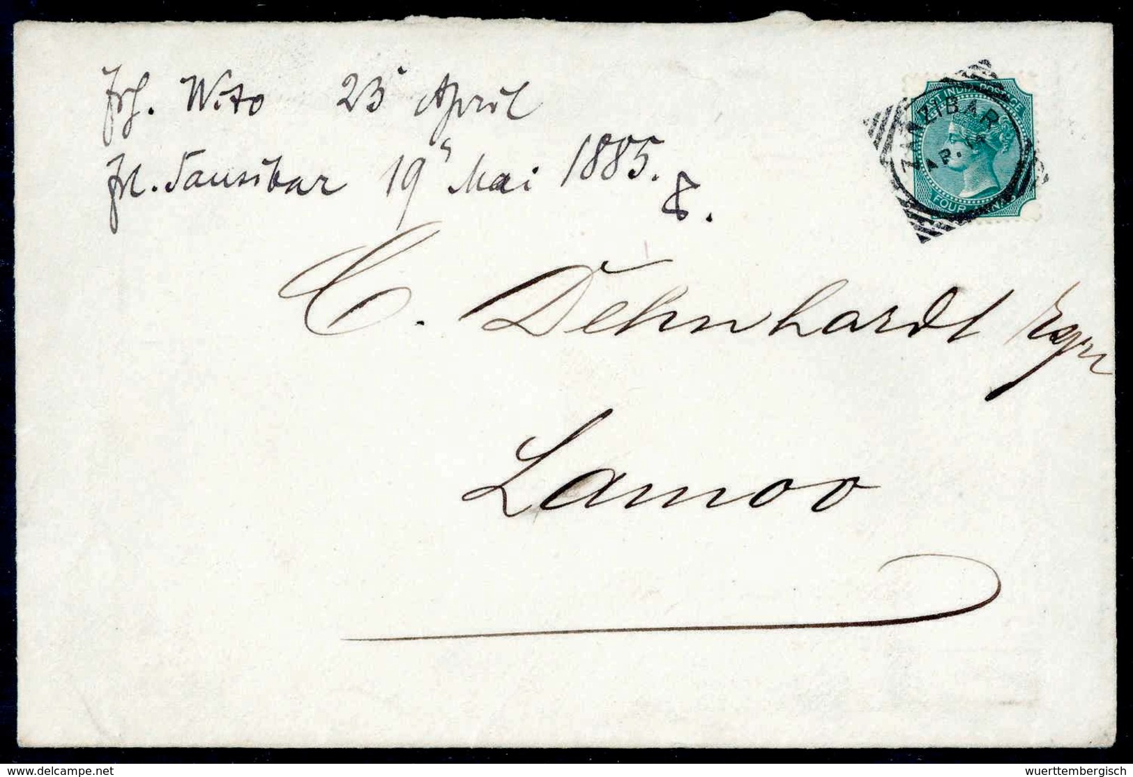 Beleg ZANZIBAR AP 14 (1885), Klarer Stempel Auf Tadellosem Brief An C.Denhardt, Frankiert Mit Indien 4 A., Li. Oben Mit  - Sonstige & Ohne Zuordnung