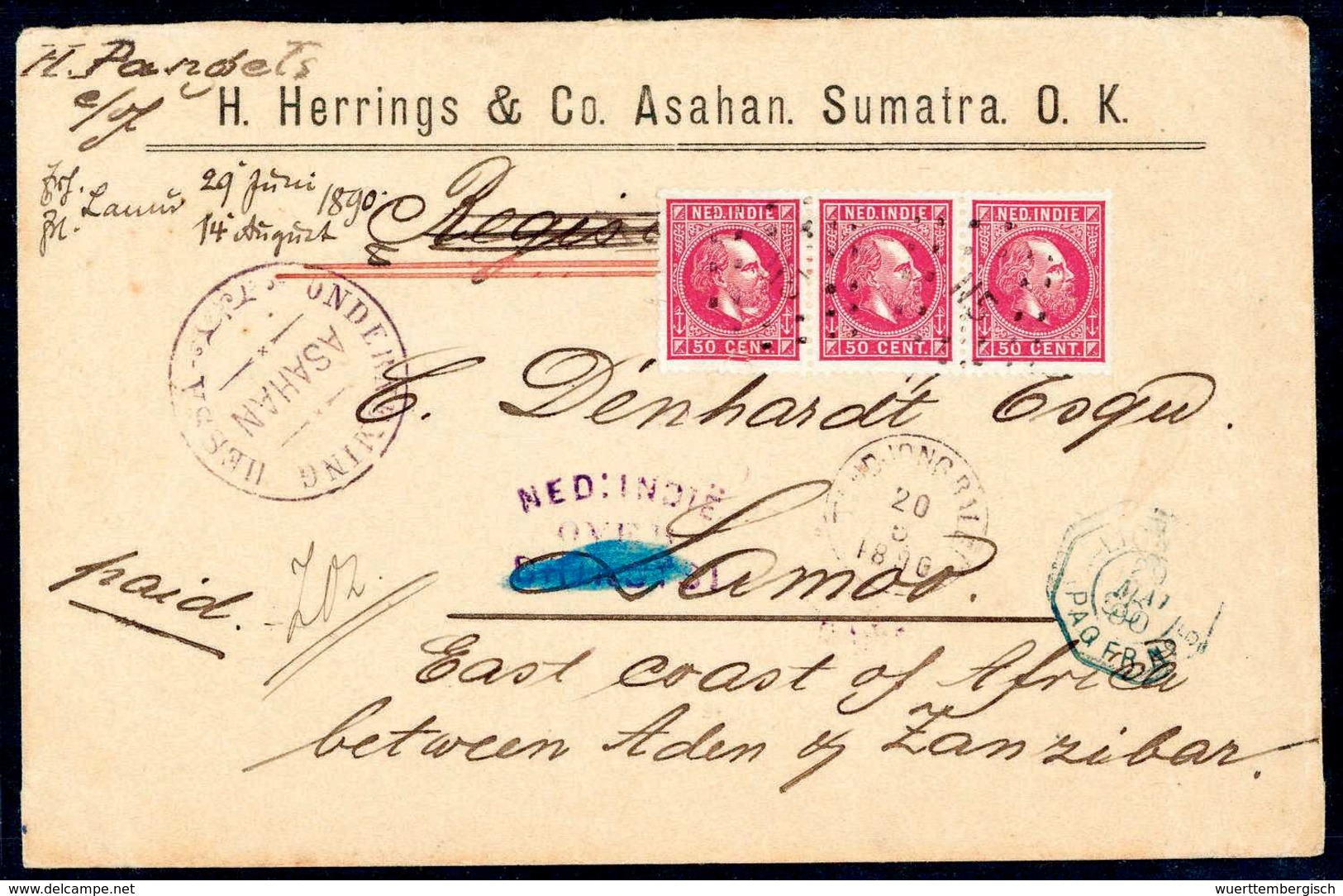 Beleg Eingehende Post Aus Niederländisch Indien: 1890, Firmenkuvert Aus Sumatra, Frankiert Mit Waagr. Dreierstreifen Nie - Other & Unclassified