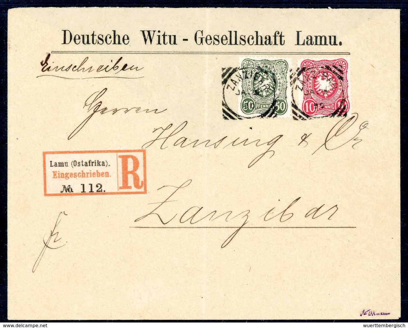 Beleg Lamu-Frankatur Mit Britischer Zanzibar-Entwertung: 10 Pfg. Dunkelrosarot Und 50 Pfg. Dunkeloliv, Tadellose 60-Pfg. - Sonstige & Ohne Zuordnung