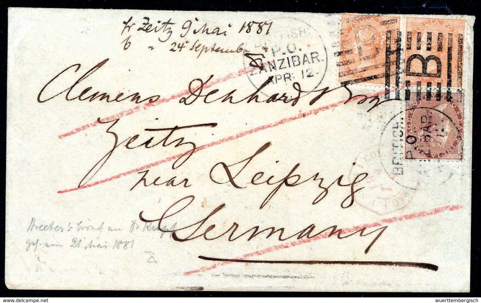 Beleg 1881, Britisch-Indien 2 P., Zwei Exemplare Mit ½ P. Auf Schönem Brief An Clemens Denhardt Nach Dtld., Klare Stempe - Autres & Non Classés